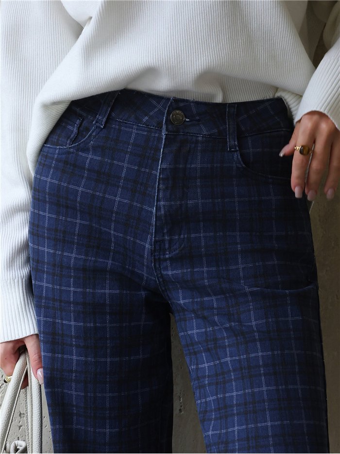 Jeans wide leg de cuadros azul