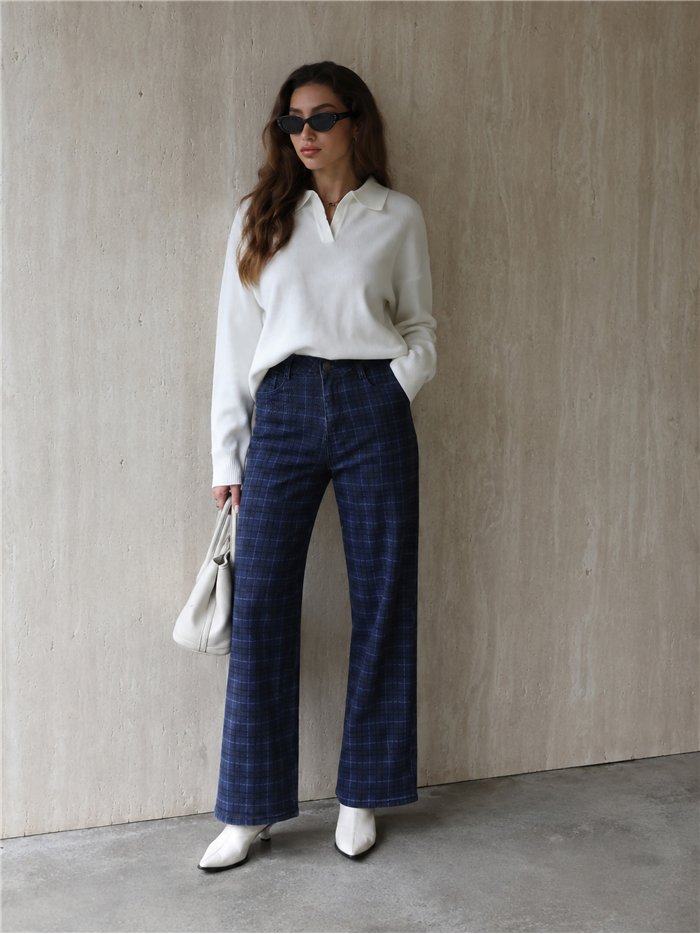 Jeans wide leg de cuadros azul