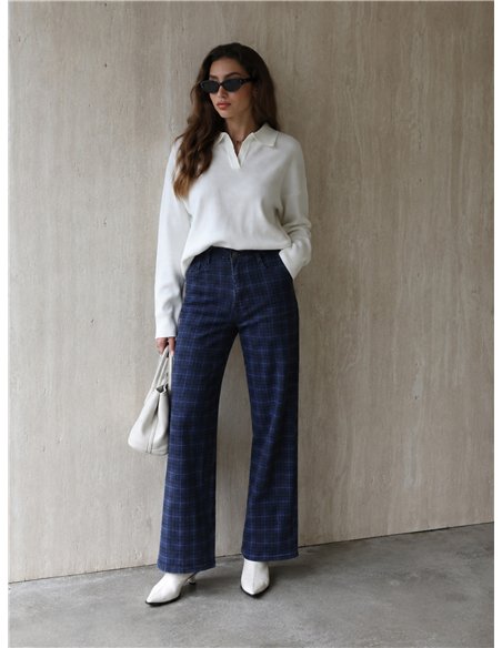 Jeans wide leg de cuadros azul
