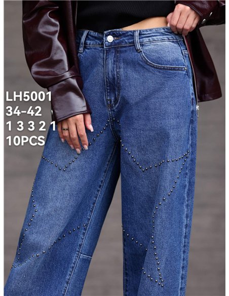 Jeans barrel tachuelas geométricas