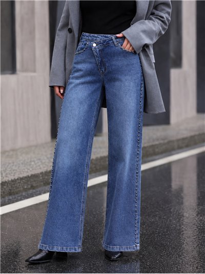 Jeans wide leg cintura cruzada tachuelas laterales