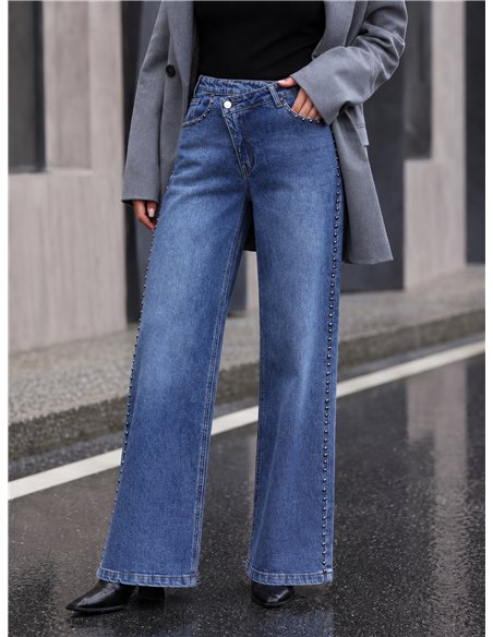 Jeans wide leg cintura cruzada tachuelas laterales
