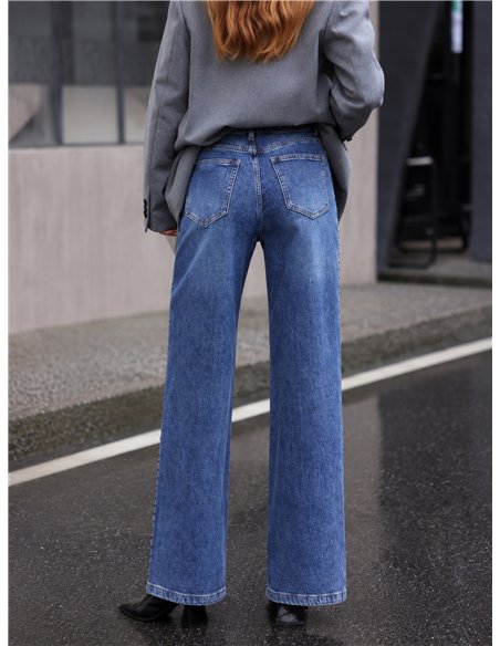 Jeans wide leg cintura cruzada tachuelas laterales