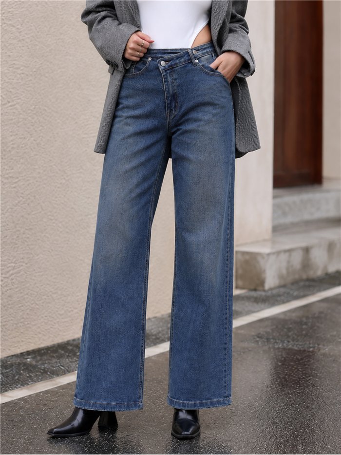 Jeans wide leg cintura cruzada