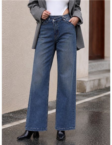 Jeans wide leg cintura cruzada