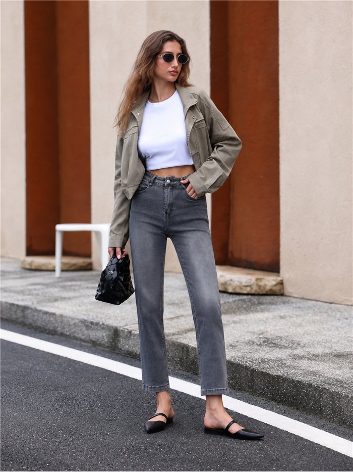 jean gris droit court