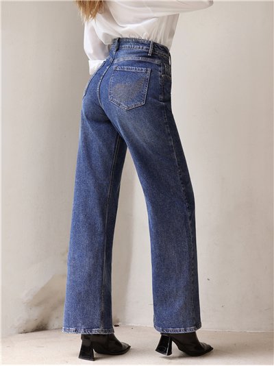 Jeans wide leg bolsillos strass