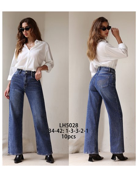 Jeans wide leg bolsillos strass