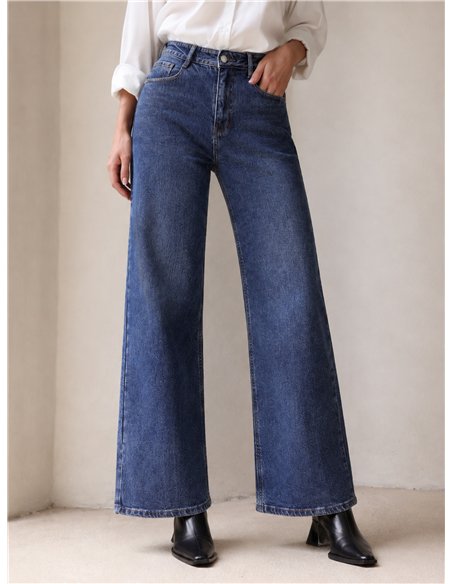 Jeans wide leg bolsillos strass