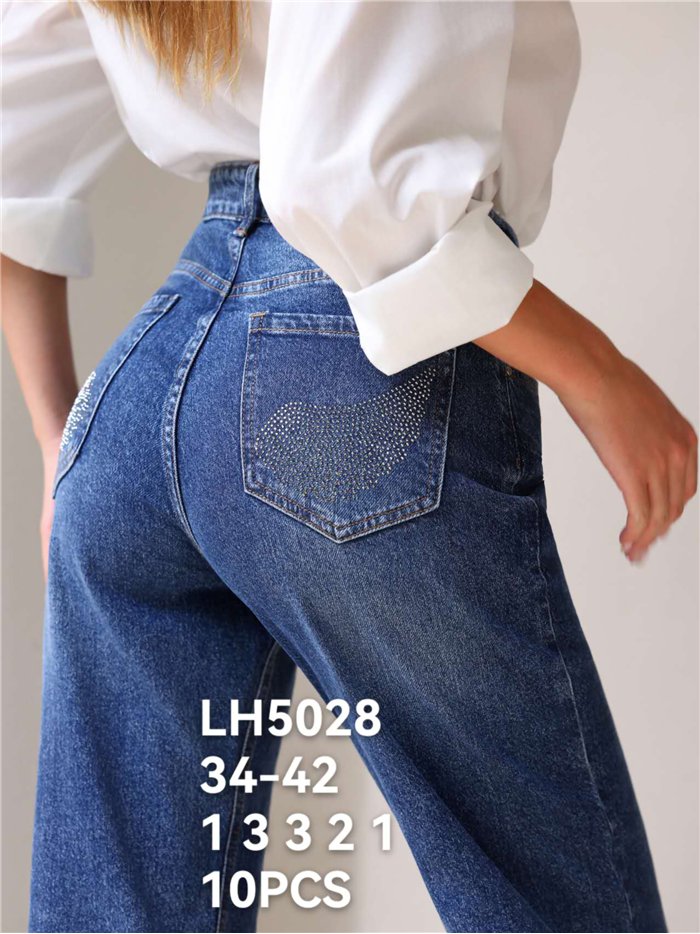 Jeans wide leg bolsillos strass