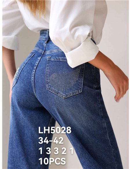 Jeans wide leg bolsillos strass