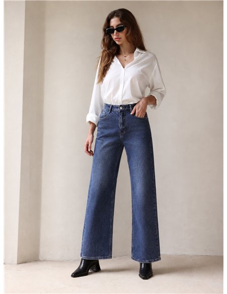 Jeans wide leg bolsillos strass