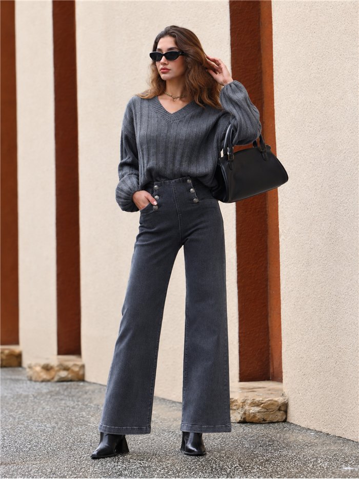Jeans wide leg gris botones