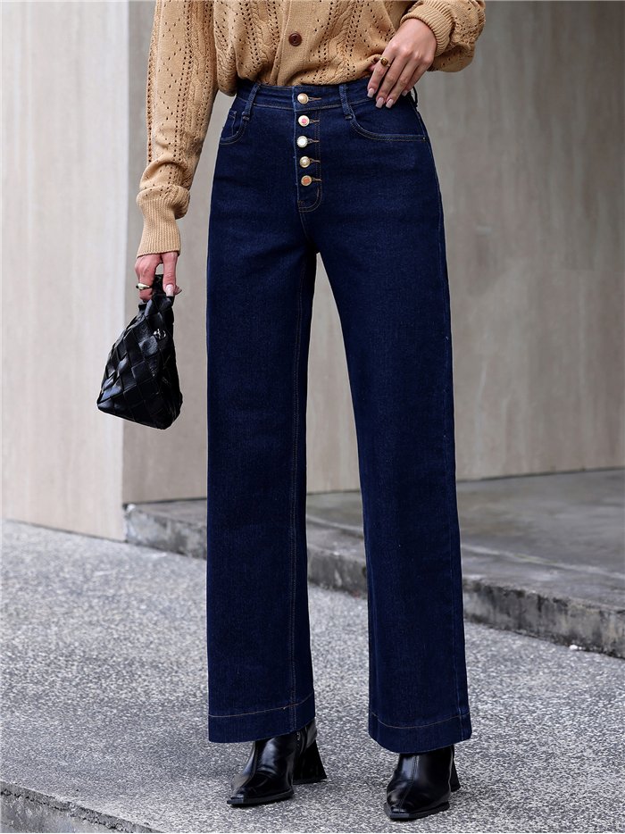 Jeans wide leg azul oscuro botones multicolor