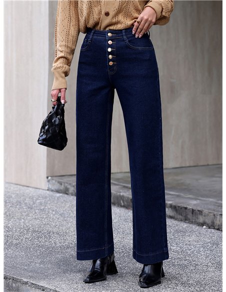 Jeans wide leg azul oscuro botones multicolor