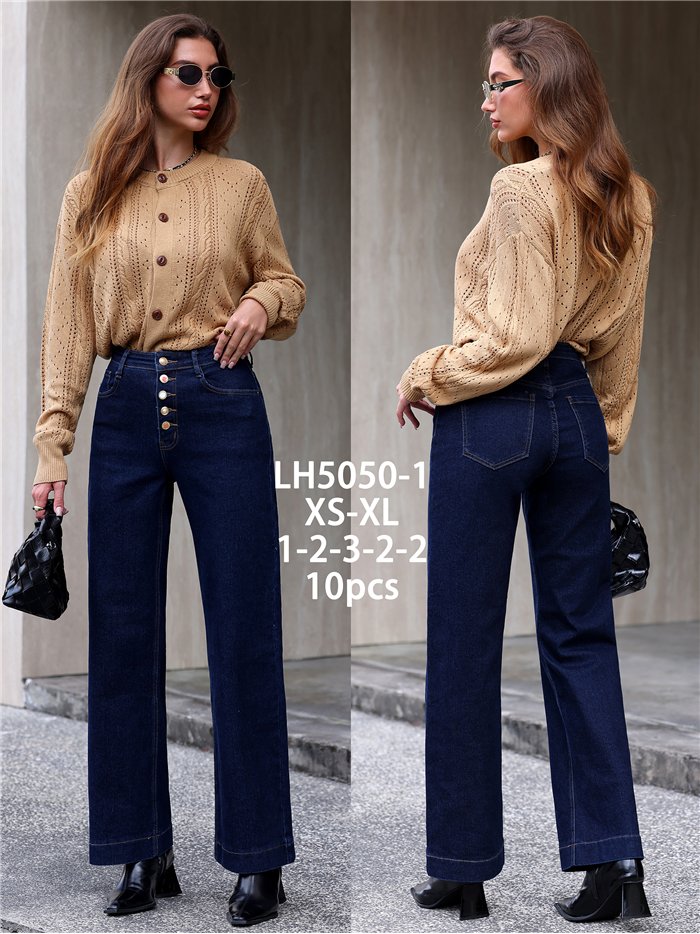 Jeans wide leg azul oscuro botones multicolor