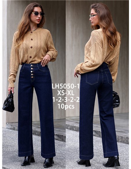 Jeans wide leg azul oscuro botones multicolor