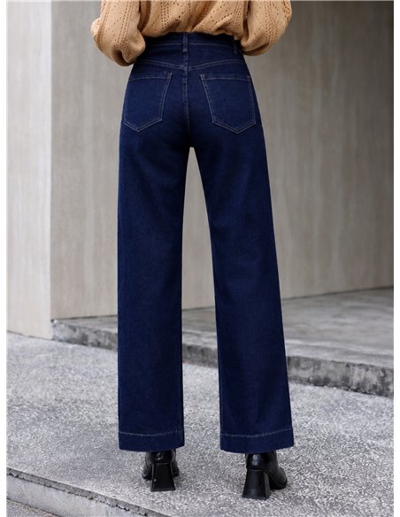 Jeans wide leg azul oscuro botones multicolor