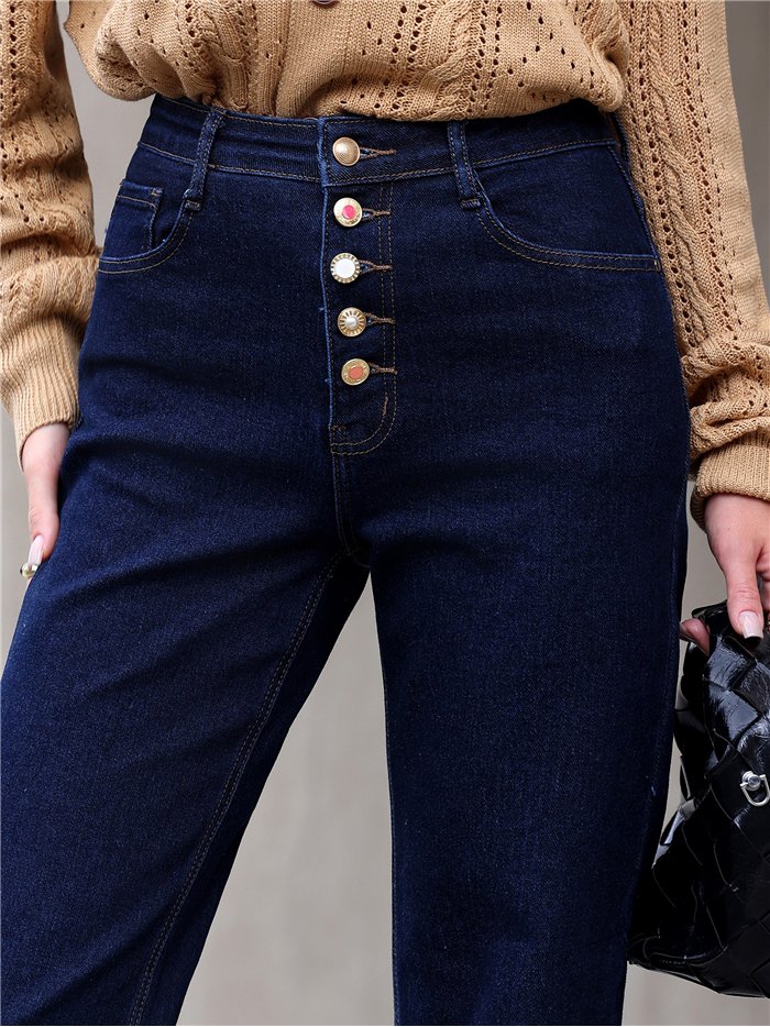 Jeans wide leg azul oscuro botones multicolor