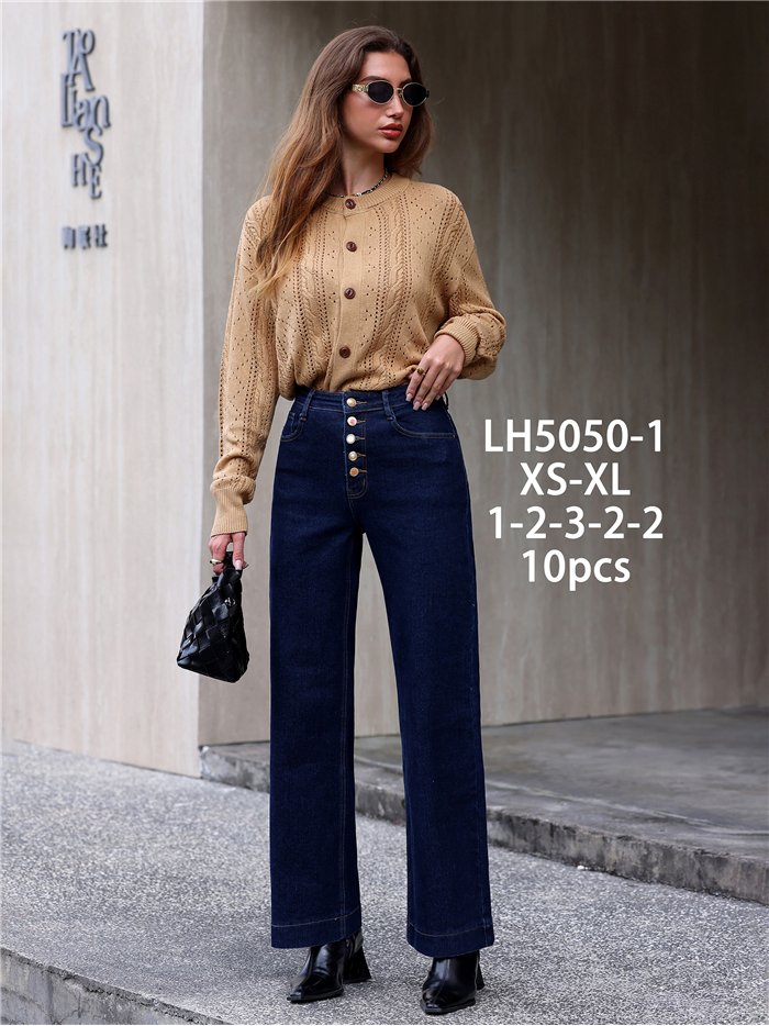 Jeans wide leg azul oscuro botones multicolor