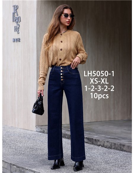 Jeans wide leg azul oscuro botones multicolor