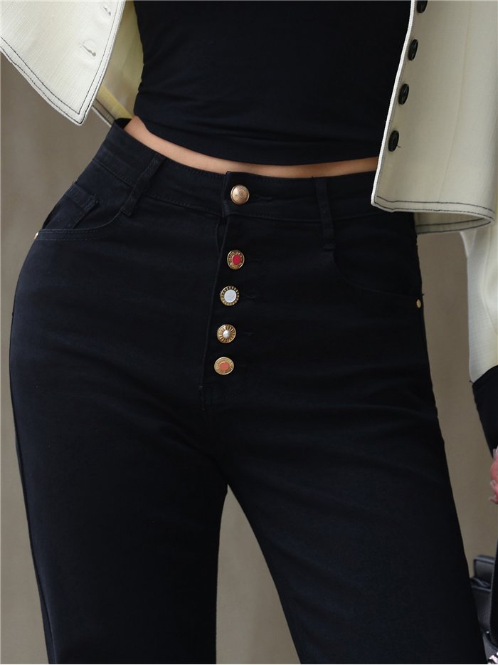 Jeans wide leg negros botones multicolor