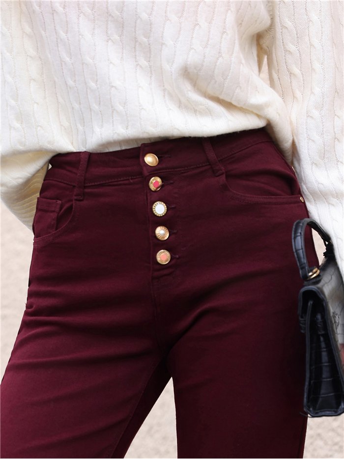 Jeans wide leg burdeos botones multicolor