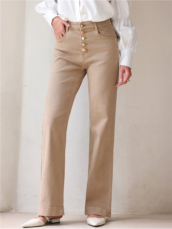 Jeans wide leg beige botones multicolor