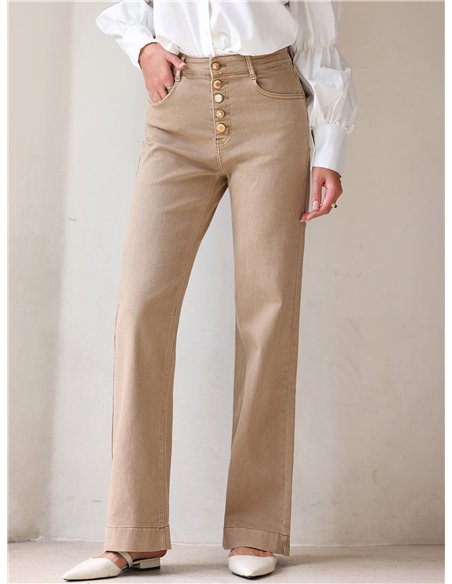 Jeans wide leg beige botones multicolor