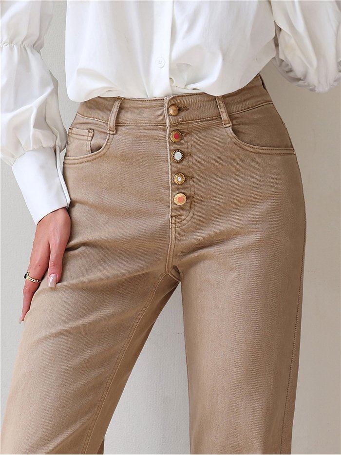 Jeans wide leg beige botones multicolor