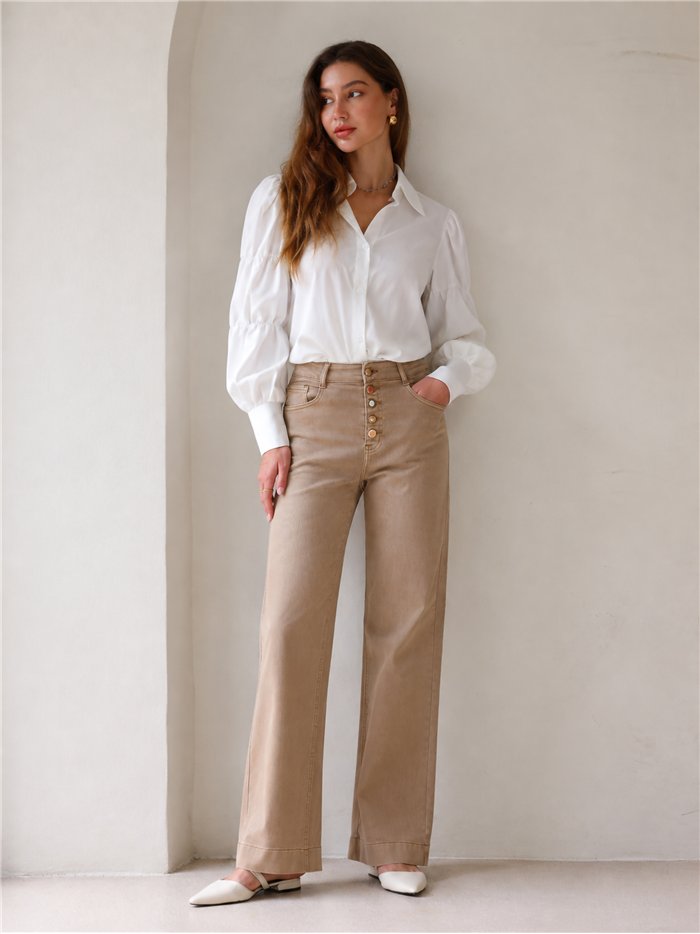 Jeans wide leg beige botones multicolor