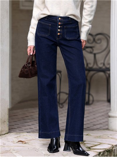 Jeans wide leg índigo bolsillos parche y botones multicolor