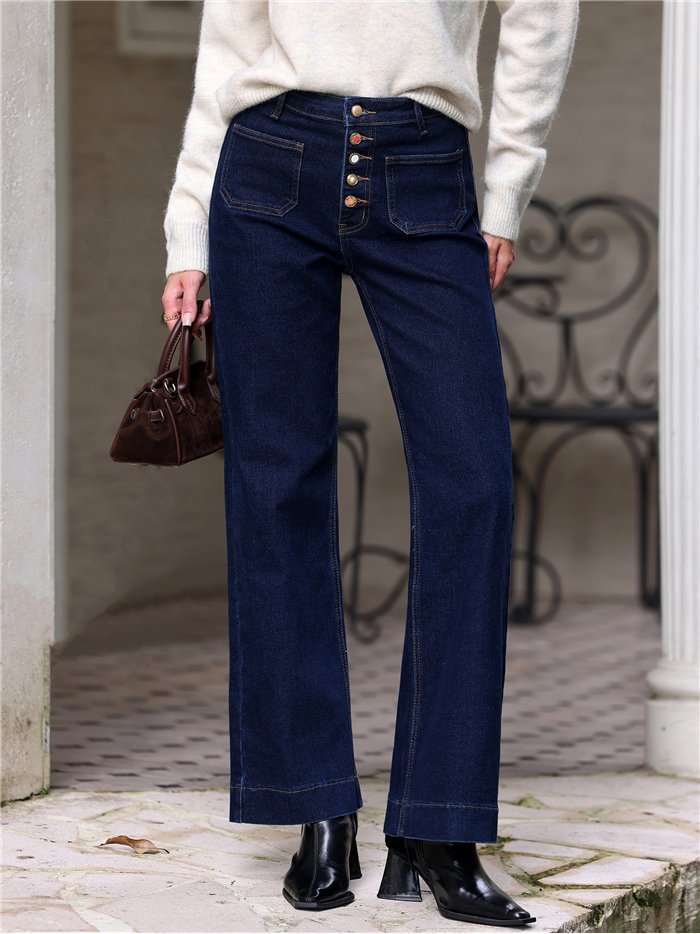 Jean indigo à jambes larges avec poches plaquées et boutons multicolores