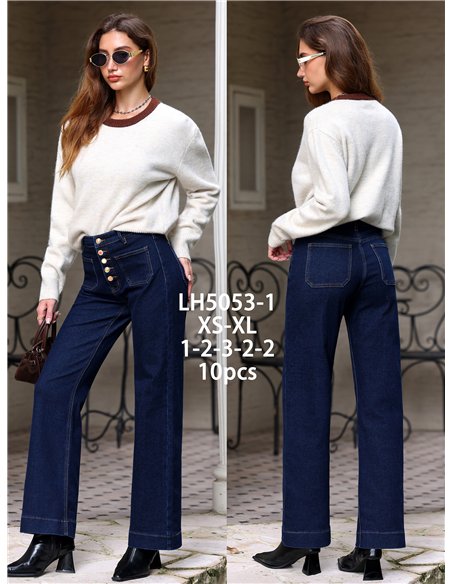 Jean indigo à jambes larges avec poches plaquées et boutons multicolores