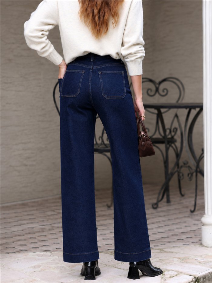 Jean indigo à jambes larges avec poches plaquées et boutons multicolores