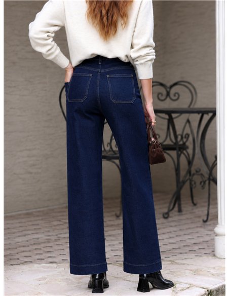 Jean indigo à jambes larges avec poches plaquées et boutons multicolores