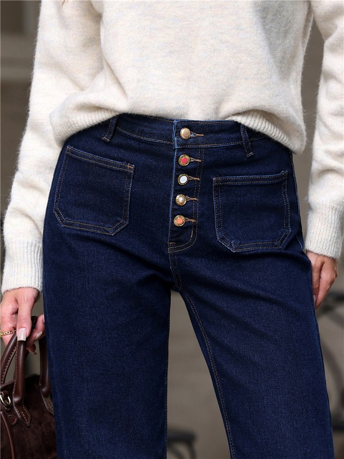 Jean indigo à jambes larges avec poches plaquées et boutons multicolores