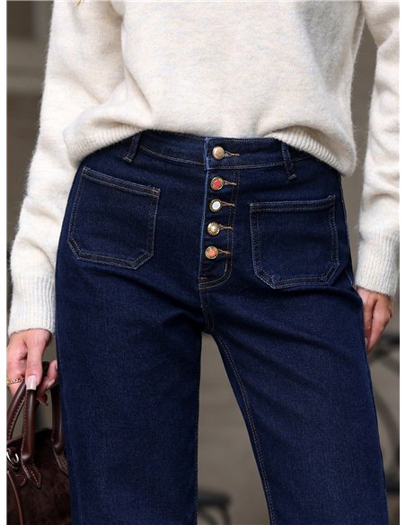 Jean indigo à jambes larges avec poches plaquées et boutons multicolores