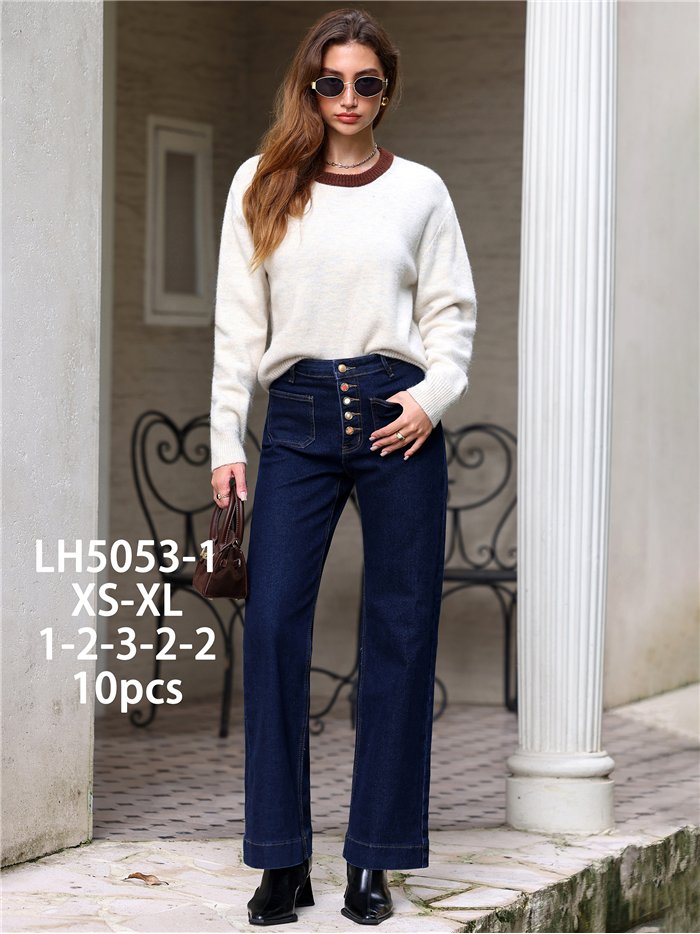 Jean indigo à jambes larges avec poches plaquées et boutons multicolores