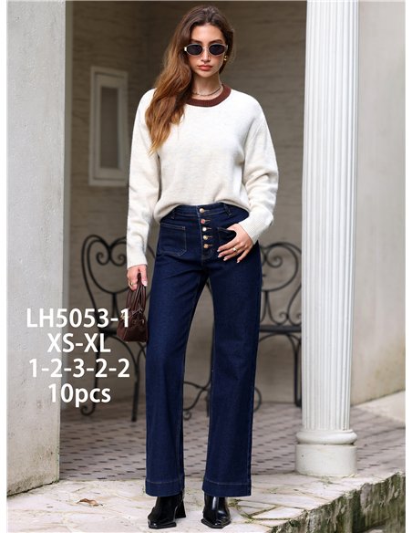 Jean indigo à jambes larges avec poches plaquées et boutons multicolores