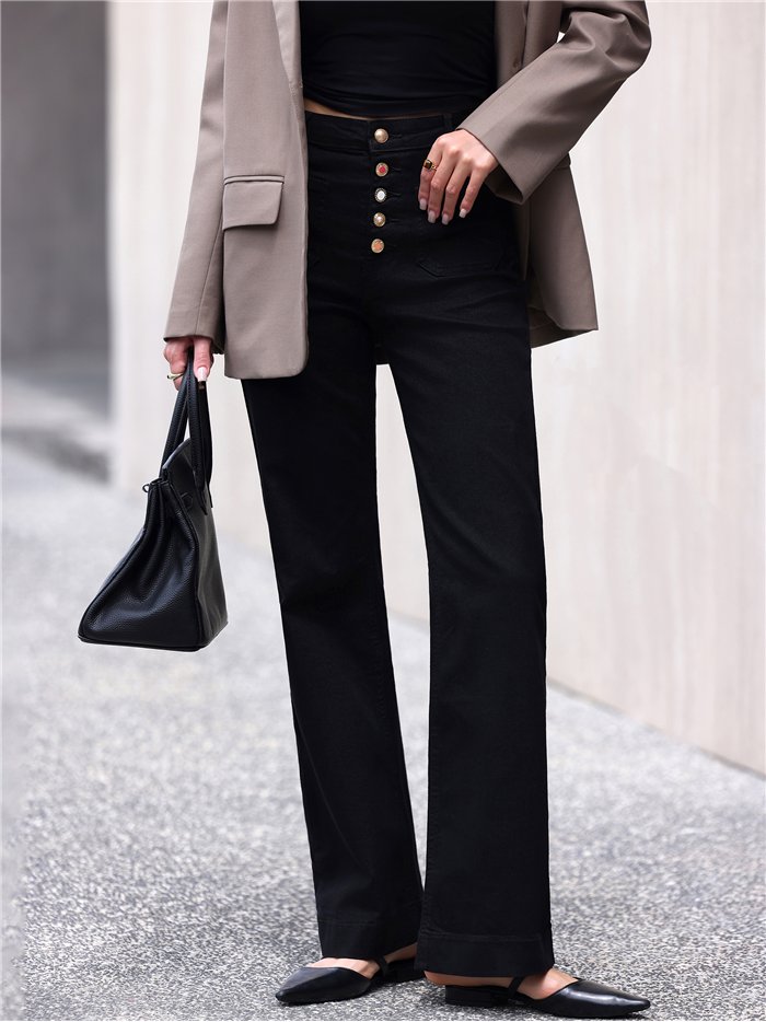 Jeans wide leg negros bolsillos parche y botones multicolor