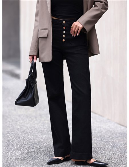 Jeans wide leg negros bolsillos parche y botones multicolor