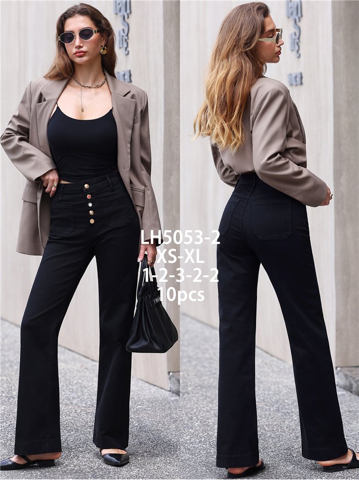 Jeans wide leg negros bolsillos parche y botones multicolor
