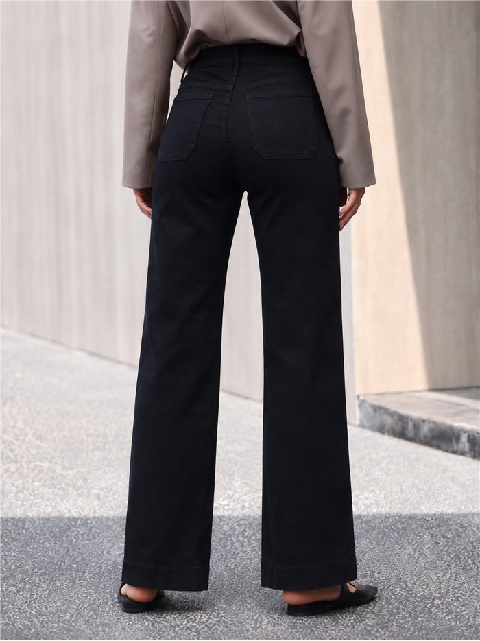 Jeans wide leg negros bolsillos parche y botones multicolor
