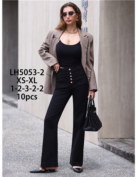 Jeans wide leg negros bolsillos parche y botones multicolor