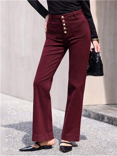 Jeans wide leg burdeos bolsillos parche y botones multicolor