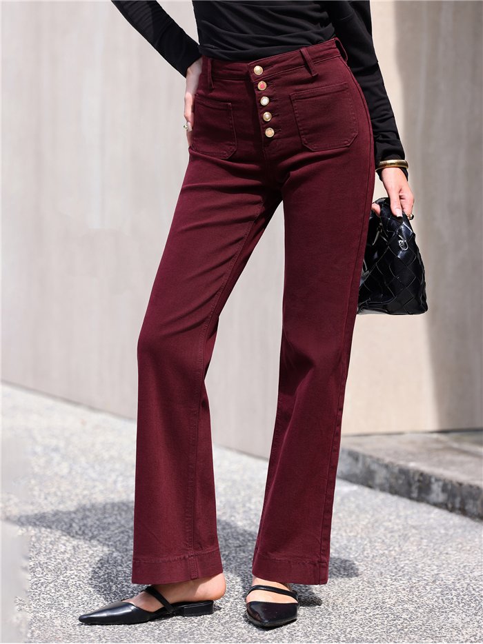 Jeans wide leg burdeos bolsillos parche y botones multicolor