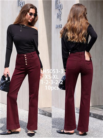 Jeans wide leg burdeos bolsillos parche y botones multicolor 2