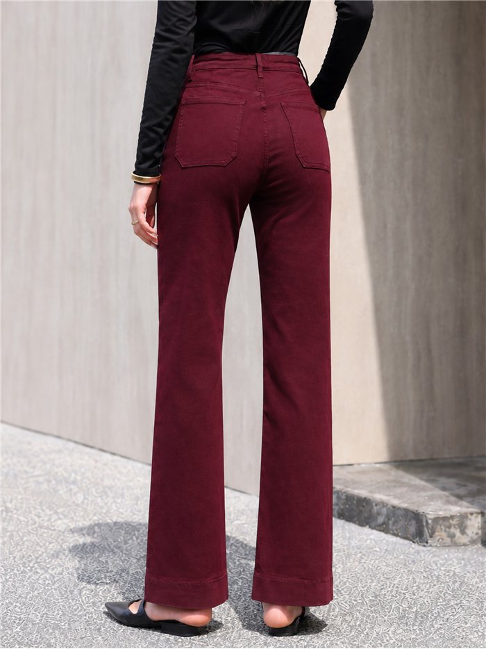 Jeans wide leg burdeos bolsillos parche y botones multicolor
