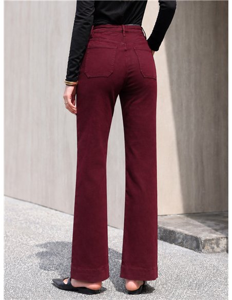 Jeans wide leg burdeos bolsillos parche y botones multicolor